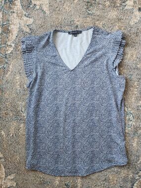 Adrianna Papell Navy & White Dotted V-Neck Flutter Sleeve Top